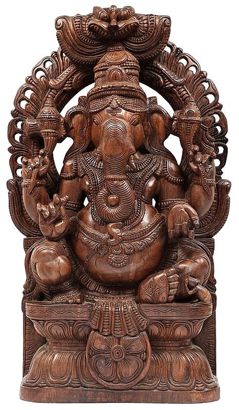 Lord Ganesha Seated on Lotus Throne with Kirtimukha Prabhavali