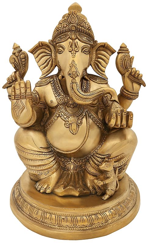 14" Lord Ganesha Seated on Round Pedestal In Brass | Handmade | Made In India