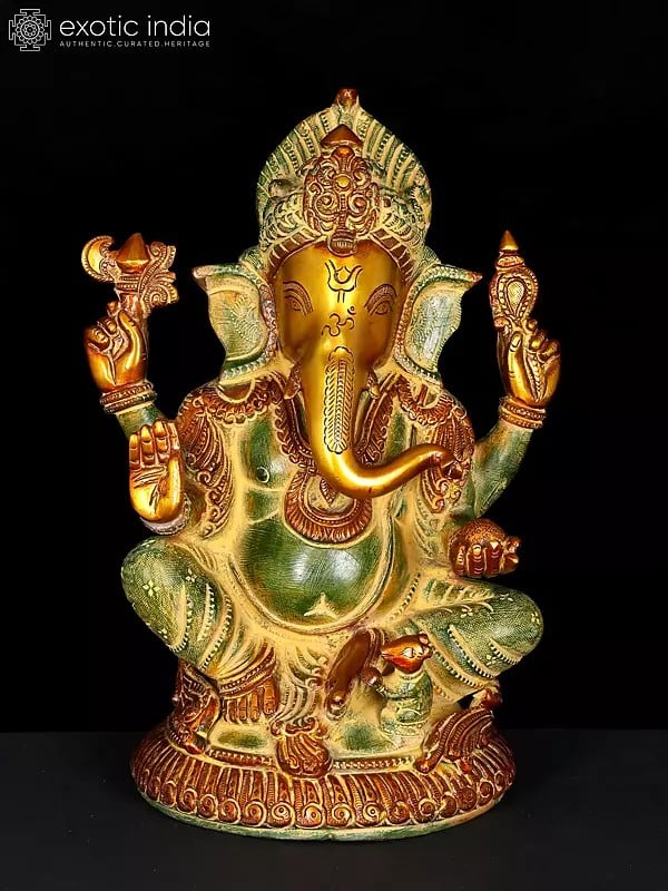 12" Lord Ganesha Seated on Small Round Chowki In Brass | Handmade | Made In India