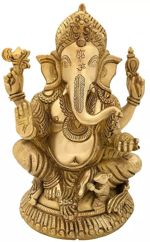 12" Lord Ganesha Seated on Small Round Chowki In Brass | Handmade | Made In India