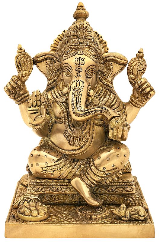 9" Lord Ganesha Seated on Beautiful Square Pedestal In Brass | Handmade | Made In India