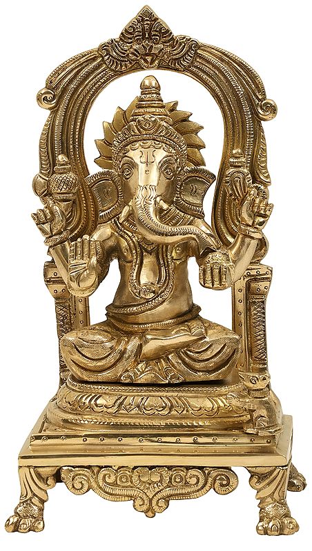 9" Lord Ganesha Seated on Throne with Kirtimukha Prabhavali In Brass | Handmade | Made In India