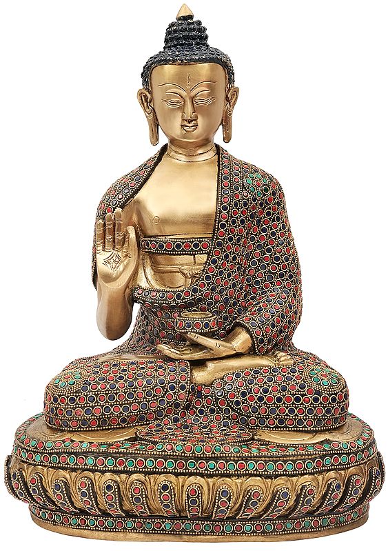 15" Blessing Lord Buddha With Colorful Inlay Work In Brass | Handmade | Made In India