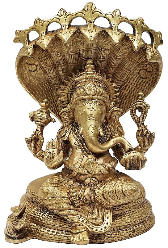 7" Lord Ganesha Idol Seated on Sheshnag in Brass | Handmade | Made in India