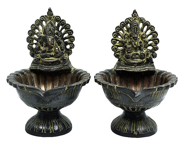 6" Lakshmi Ganesha Lamp Pair in Brass | Handmade | Made in India