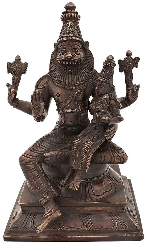 9" Lord Narasimha with Goddess Lakshmi In Brass | Handmade | Made In India