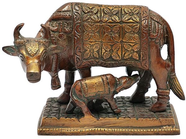 5" Holy Mother Cow Statue with Her Calf in Brass | Handmade | Made in India