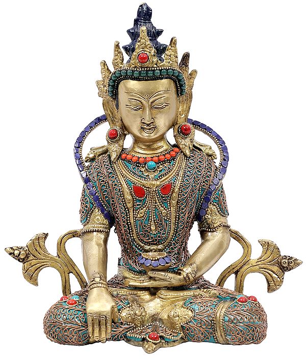 10" Crowned Buddha in Bhumisparsha Mudra with Colorful Inlay Work In Brass | Handmade | Made In India