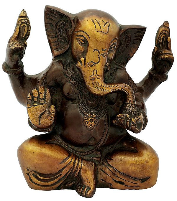 5" Blessing Lord Ganesha Eating Modak In Brass | Handmade | Made In India