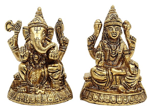 2" Small Lakshmi Ganesha Pair Statue in Brass | Handmade | Made in India