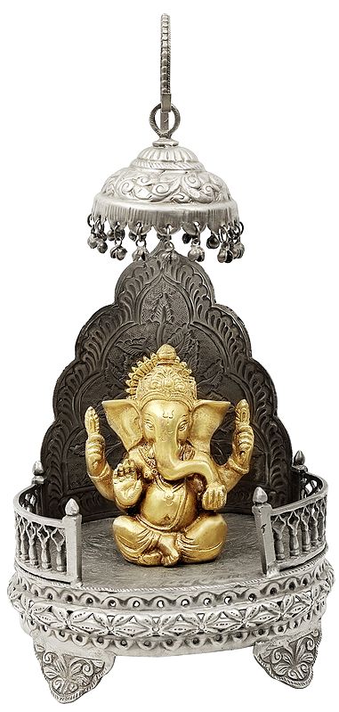 13" King Ganesha Seated on a Royal Throne In Brass | Handmade | Made In India