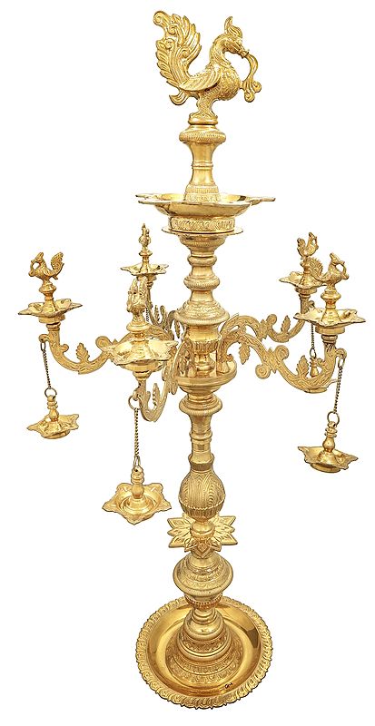 66" Large Peacock Annam Lamp with Designer Hanging Wicks in Brass | Handmade | Made in India