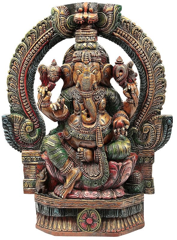 Colorful Lord Ganesha Seated on Lotus Throne with Kirtimukha Prabhavali