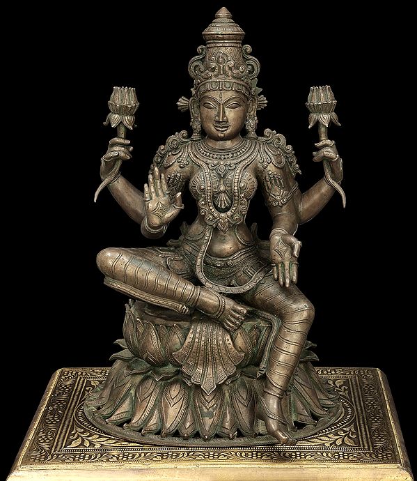 19" Goddess Lakshmi Seated on Lotus Pedestal (Fine Quality) | Handmade | Panchaloha Bronze