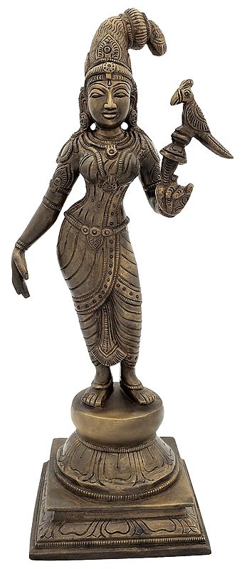 12" Andal Devi With Parrot In Brass | Handmade | Made In India