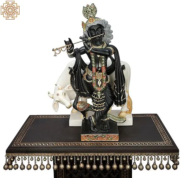 24" Superfine Fluting Krishna with His Cow | Flute Standing Krishna Idol | Narayana Black Marble Statue | Handmade | Made In India