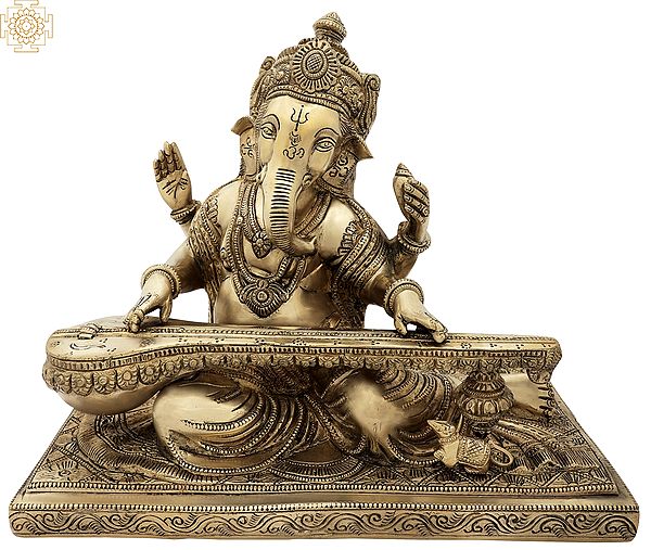 9" Lord Ganesha Brass Statue Playing Veena | Handmade | Made In India