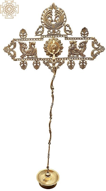 14" Peacock Design Wall Hanging With Hanging Diya in Brass | Handmade | Made In India