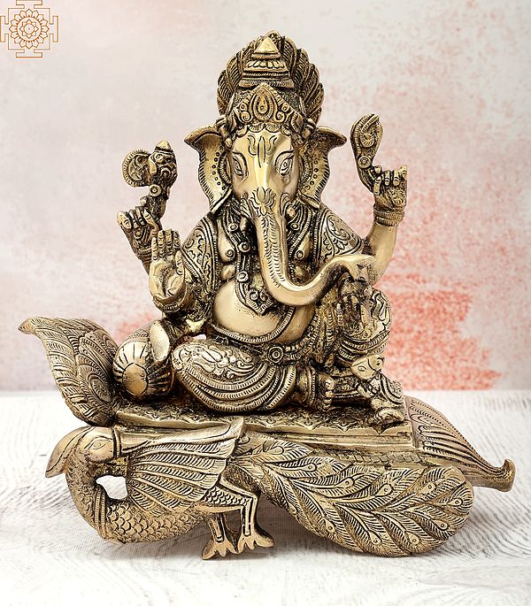 9" Blessing Ganesha Seated on Peacock Pedestal in Brass | Handmade | Made In India