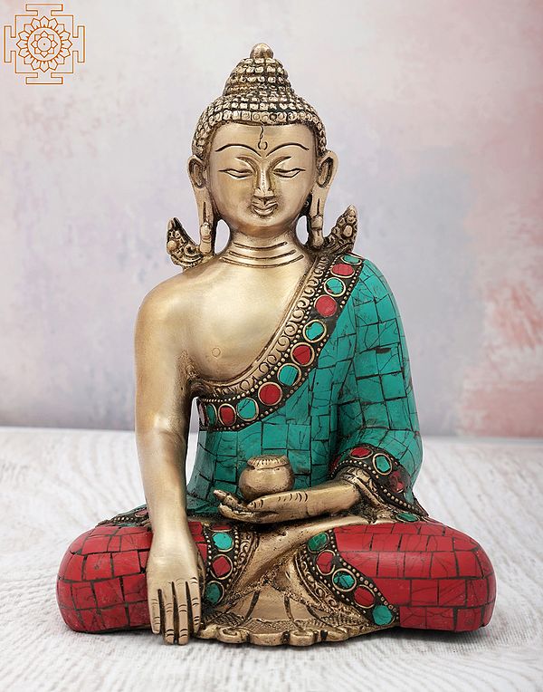 8" Bhumisparsha Lord Buddha With Colorful Inlay Work in Brass | Handmade | Made In India