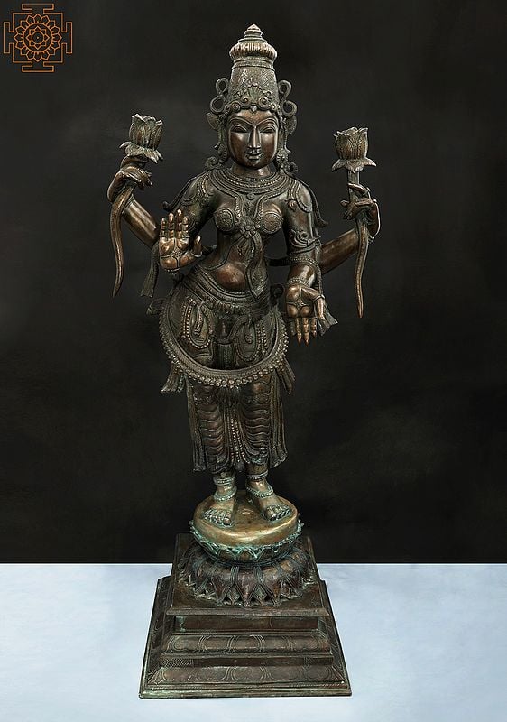 41" Standing Devi Lakshmi Of A Lifelike Quality | Handmade | Madhuchista Vidhana (Lost-Wax) | Panchaloha Bronze