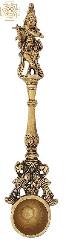 9" Krishna Ritual Spoon with Peacock Pair in Brass | Handmade | Made in India