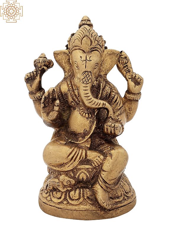 4" Small Size Bhagawan Ganesha Brass Statue Seated on Lotus