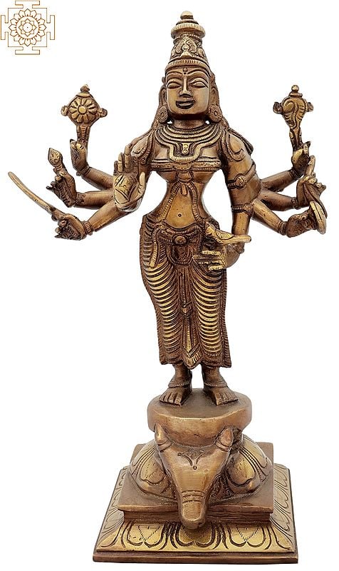 11" Devi Durga Standing on Buffalo Head In Brass | Handmade | Made In India