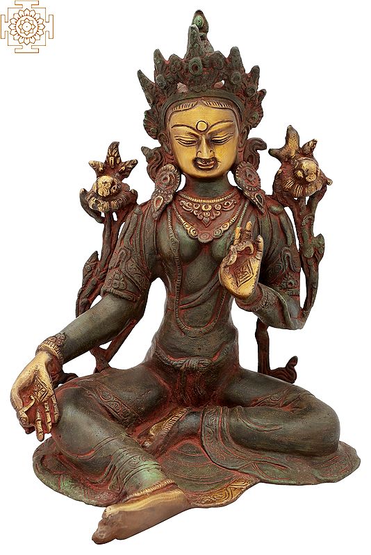 9" Tibetan Buddhist Deity Holy Green Tara In Brass | Handmade | Made In India