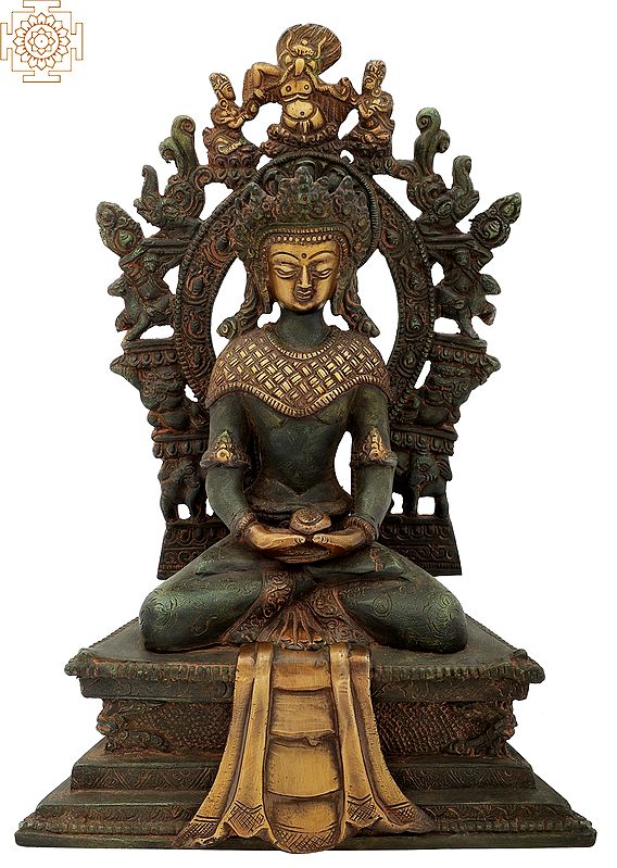 11" Crowned Buddha on Six-Ornament Throne In Brass | Handmade | Made In India