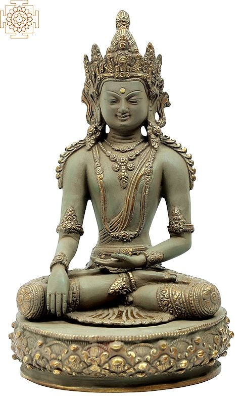 13" Crowned And Bedecked, Bhoomisparsha Shut-Eyed Buddha In Brass | Handmade | Made In India