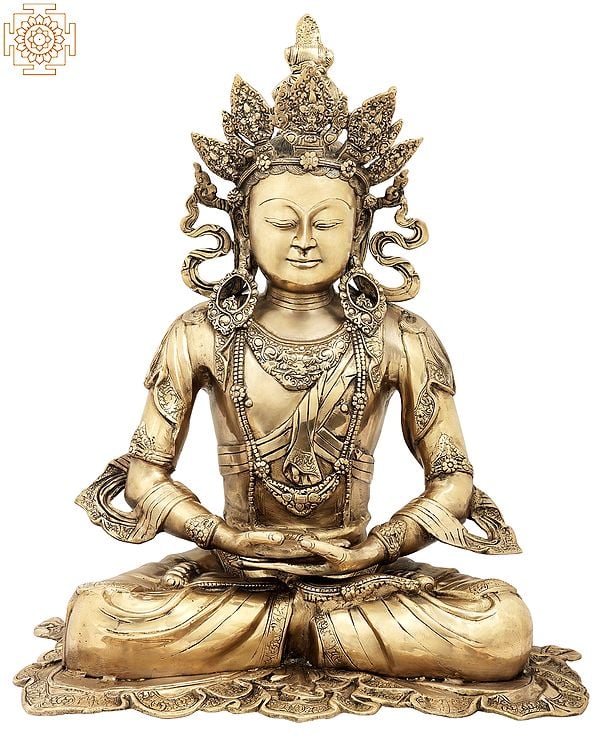 27" Seated Buddha With The Five-Spired Crown in Brass | Handmade | Made In India