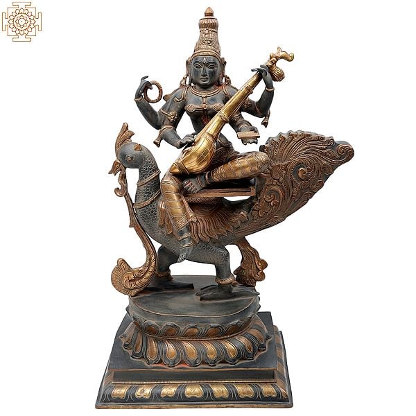 28" Gold-And-Charcoal Devi Saraswati in Brass | Handmade | Made In India