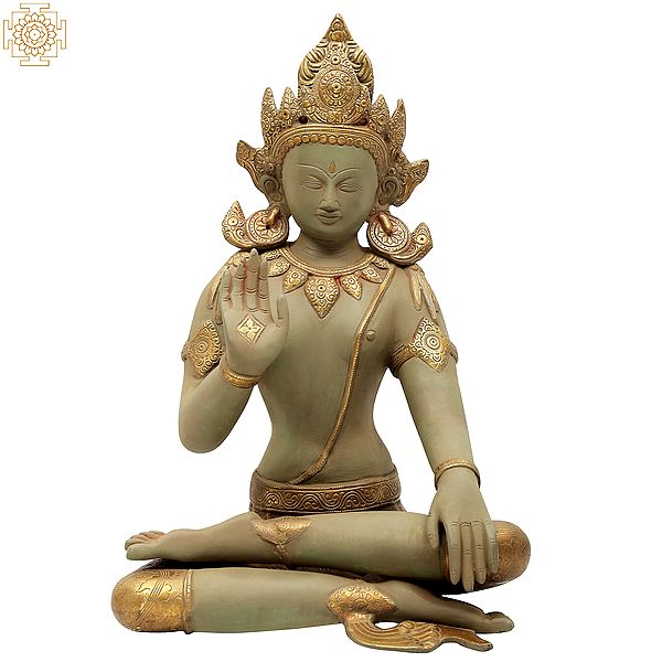 16" Green-And-Gold Seated Buddha in Brass | Handmade | Made In India