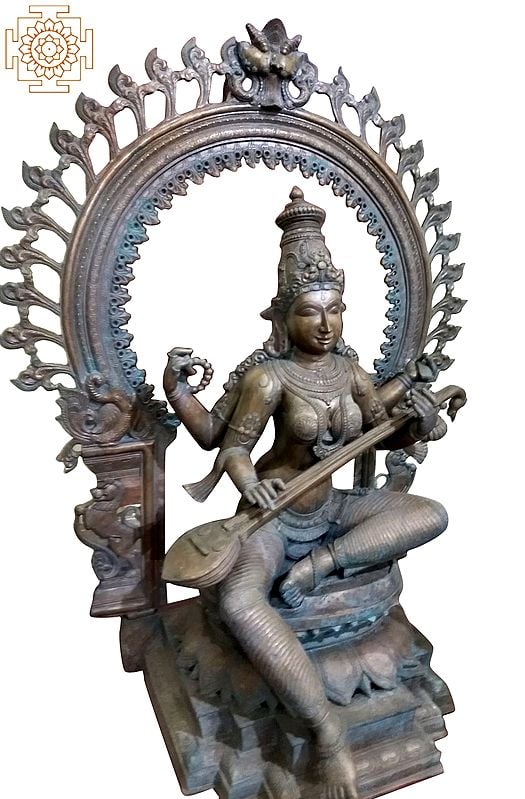 48" Sitting Goddess Saraswati | Handmade | Madhuchista Vidhana (Lost-Wax) | Panchaloha Bronze from Swamimalai