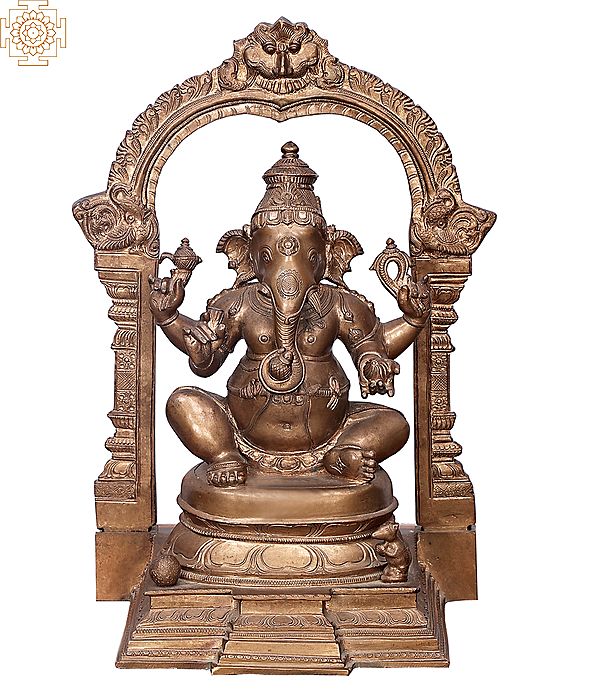 15" Sitting Ganesha with Kirtimukha Prabhavali | Madhuchista Vidhana (Lost-Wax) | Panchaloha Bronze from Swamimalai