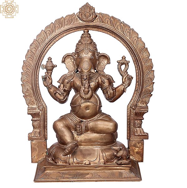 18" Sitting Ganesha with Kirtimukha Prabhavali | Handmade | Madhuchista Vidhana (Lost-Wax) | Panchaloha Bronze from Swamimalai