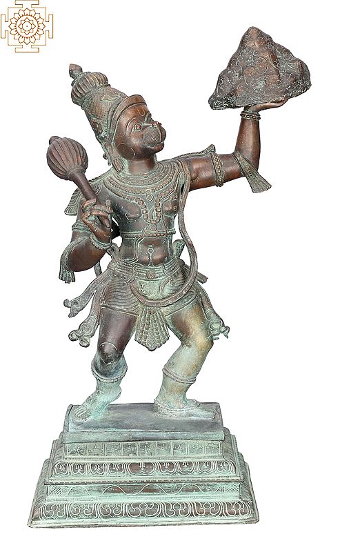 19" Hanuman with Mountain | Handmade | Madhuchista Vidhana (Lost-Wax) | Panchaloha Bronze from Swamimalai