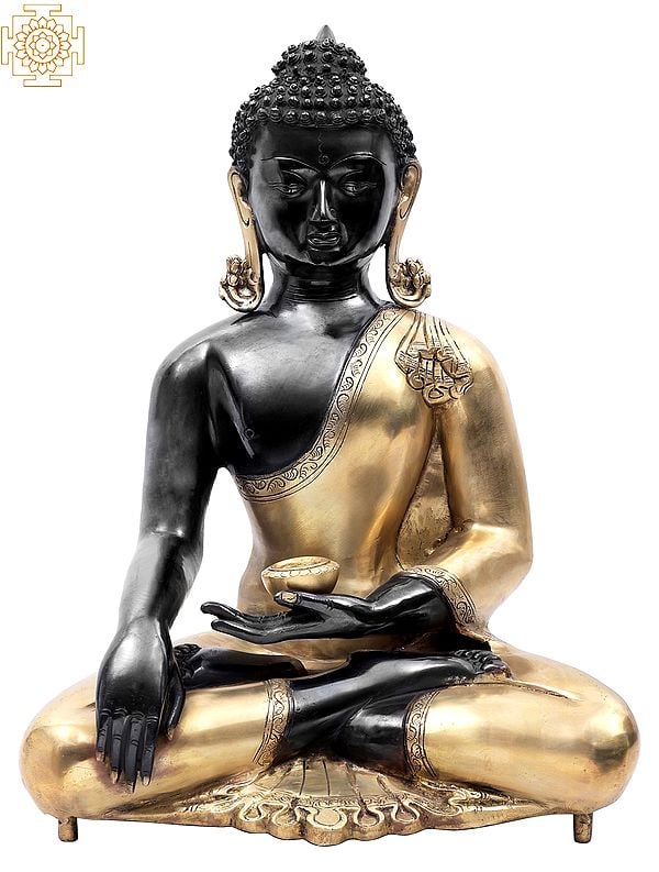 19" Black Budda Adorned in a Golden Robe in Brass | Handmade | Made In India