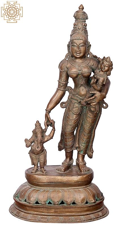 21 Standing Parvati with Baby Ganesha and Karttikeya | Handmade | Madhuchista Vidhana (Lost-Wax) | Panchaloha Bronze from Swamimalai"