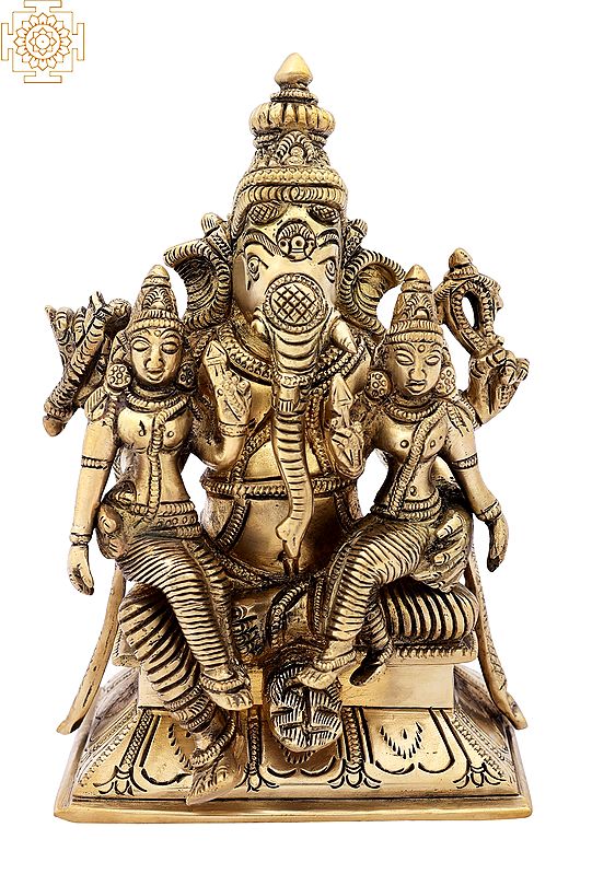7" Lord Ganesha with Riddhi and Siddhi in Brass | Handmade | Made In India
