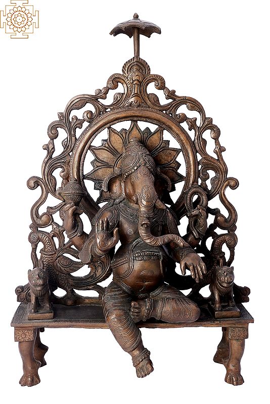 17" King Ganesha Seated on Royal Throne | Handmade | Madhuchista Vidhana (Lost-Wax) | Panchaloha Bronze from Swamimalai