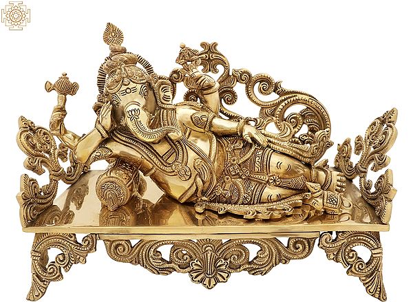 14" Reclining Ganesha Brass Sculpture | Indian Handcrafted Idol