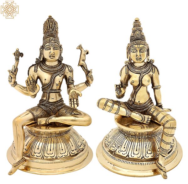 9" Seated Pashupatinath And Parvati  In Brass | Handmade | Made In India