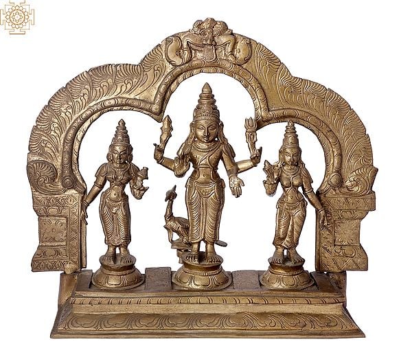 13" Karttikeya with Devasena and Valli (Murugan) Bronze Set | Madhuchista Vidhana (Lost-Wax) | Panchaloha Bronze from Swamimalai