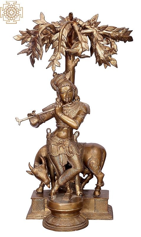 26" Krishna with Cow | Handmade | Madhuchista Vidhana (Lost-Wax) | Panchaloha Bronze from Swamimalai