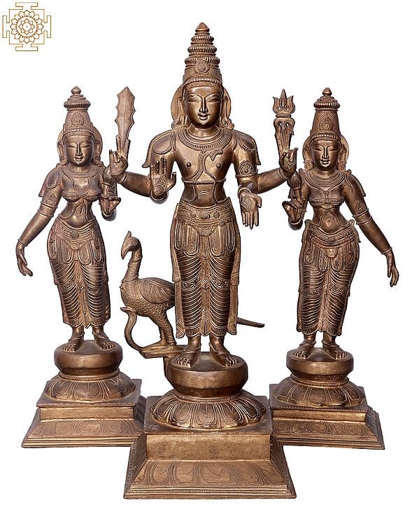 24" Lord Karttikeya With Devasena And Valli | Handmade | Madhuchista Vidhana (Lost-Wax) | Panchaloha Bronze from Swamimalai