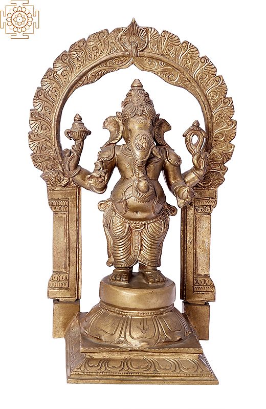 13" Standing Bhagawan Ganesha with Arch | Handmade | Madhuchista Vidhana (Lost-Wax) | Panchaloha Bronze from Swamimalai