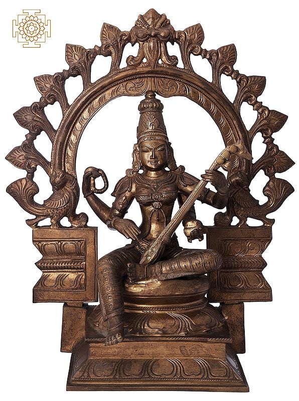 15" Devi Saraswati with Kirtimukha Prabhavali | Handmade | Madhuchista Vidhana (Lost-Wax) | Panchaloha Bronze from Swamimalai