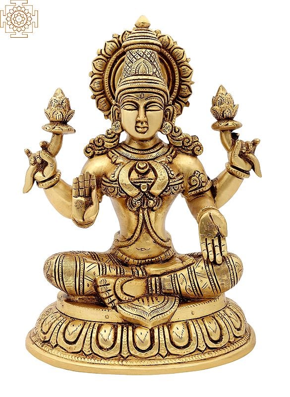 10" Ardhapadmasana Chaturbhuja Dharini Lakshmi | Brass Statue | Handmade | Made In India